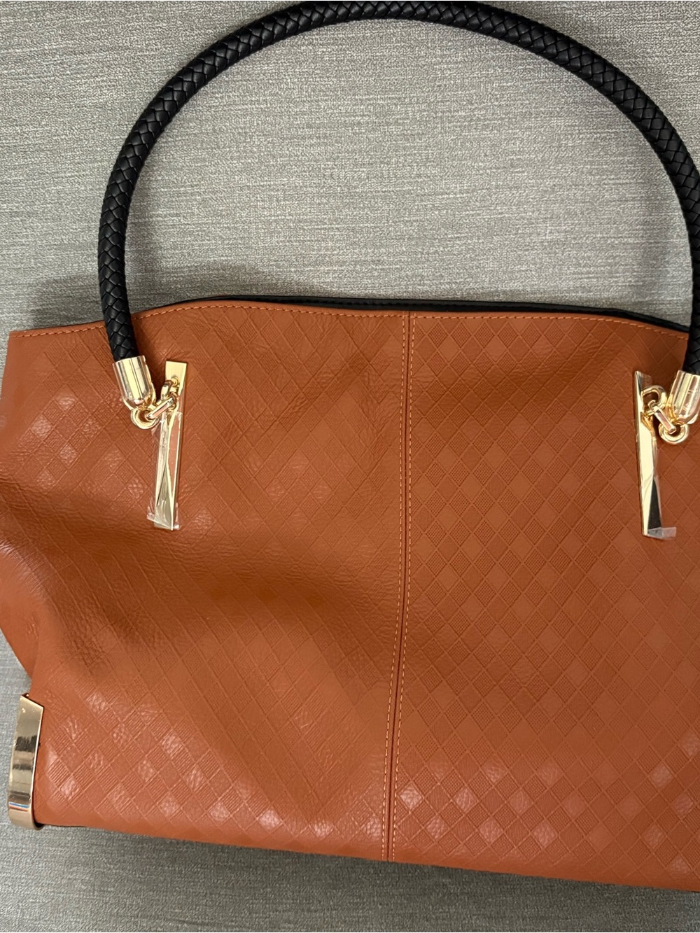 Women's Large Tan Tote Bag with Black Handle and Gold Accents